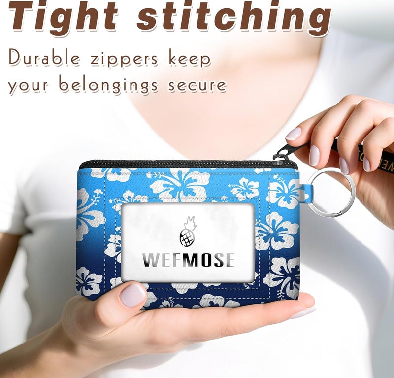 WEFMOSE Small Wallet Keychain with Clear ID Window Zipper Cute ID Case Coin Purse for Women Water Resistant Coin Pouch-Hawaiian Floral-Blue Keychain Wallet - Image 4
